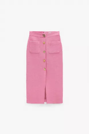 PINK TEXTURED TWEED SKIRT WITH GOLD BUTTONS