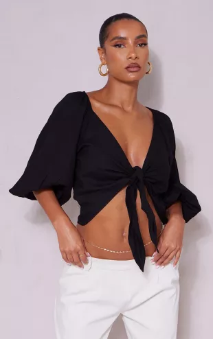 Black Linen Feel Knot Front Puff Sleeve Top