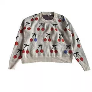Cherry Jacquard Pullover Sweater Cropped Fruit Heather Cement