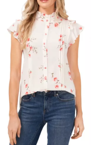 cece - Floral Ruffle Pintuck Blouse