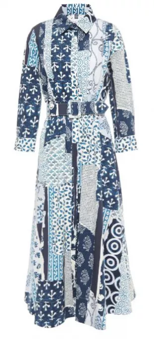 Patchwork-Effect stretch-Cotton Poplin Midi Shirt Dress