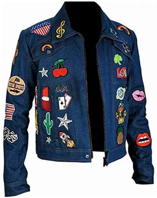 Rocketman John Elton Blue Denim Taron Egerton Jacket with Patches on Front and Back
