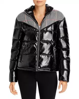 Plaid-Panel Faux Patent Leather Puffer Jacket