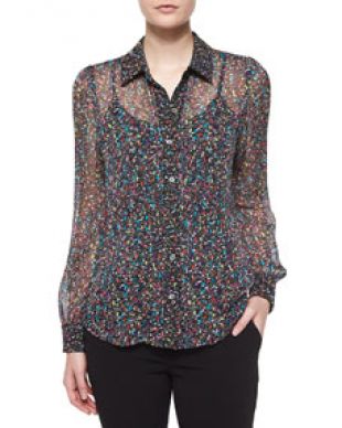 Diane von Furstenberg Mariah Splatter-Print Silk Blouse, Black/Multicolor