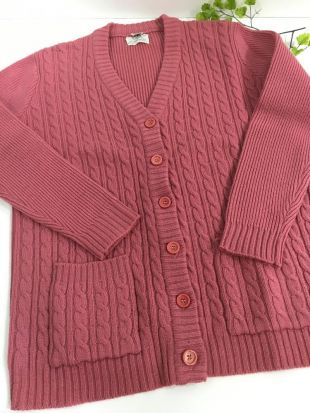1970'S PINK WOOL CABLE KNIT SWEATER CARDIGAN SIZE 18