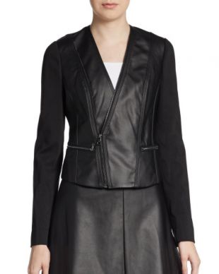 BCBGMAXAZRIA Women's Black Knit-paneled Faux Leather Moto Jacket