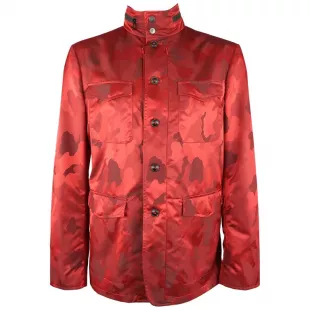 Red Camouflage Jacquard Zip Hood Collar Jacket