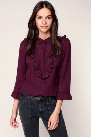 Blouse texturée prune détails brodés avec volants