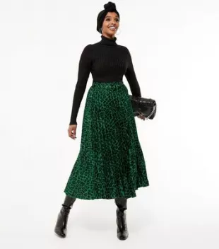 Green Satin Leopard Print Pleated Midi Skirt