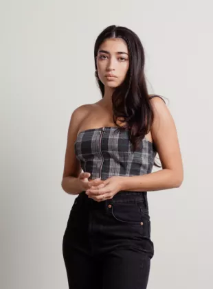Plaid Strapless Zip Up Tube Crop Top