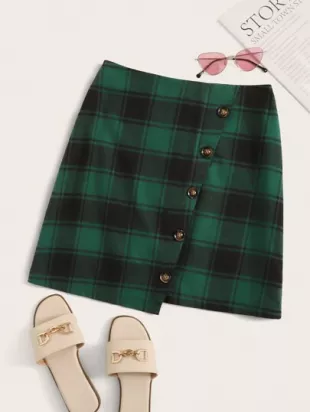Button Front Asymmetrical Hem Plaid Skirt