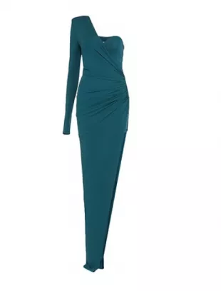 Sylvie's green one-shoulder asymmetric dress on Emily in Paris