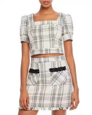 Puff-Sleeve Tweed Cropped Top