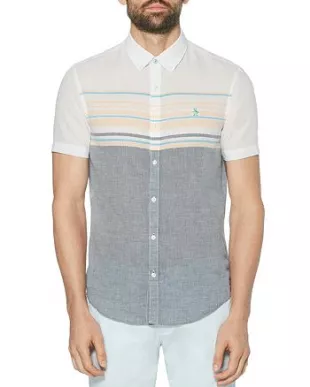 Cotton-Blend Color-Blocked Engineered Stripe Slim Fit Button-Down Shirt