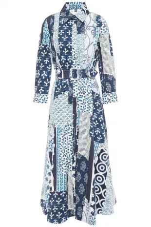 Patchwork-Effect stretch-Cotton Poplin Midi Shirt Dress