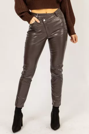 Brown Vegan Leather Asymmetric Pants