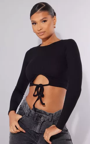 Black Rib Tie Hem Crop Top