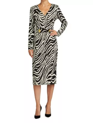 V-Neck Jacquard Zebra-Print Midi Dress