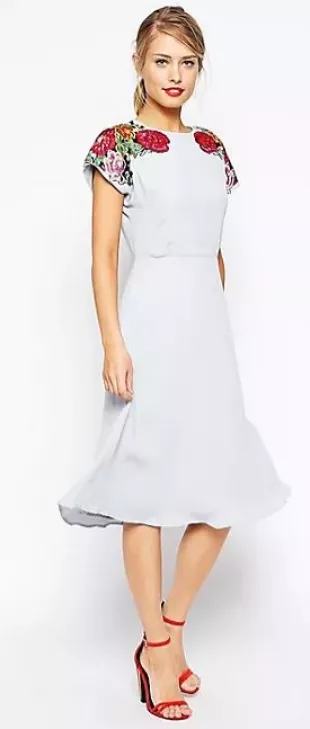 Midi Skater Dress with Embroidered Shoulder Detail