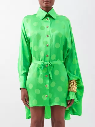 Halpern Polka-dot satin Mini Shirt Dress worn by Morgan Stewart as seen in  E! News Daily Pop on September 01,2022 | Spotern