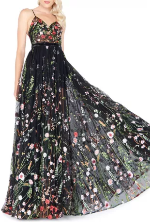 Floral-Embroidered Sweetheart Sleeveless Bustier Gown