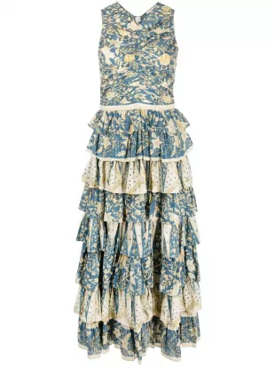 Floral-Print Ruffled Long Dress