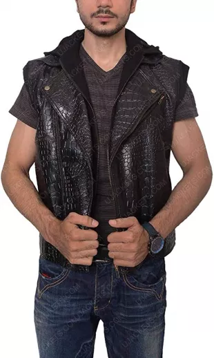 Black Hoodie Genuine Leather Vest Men - Motorbike Vest