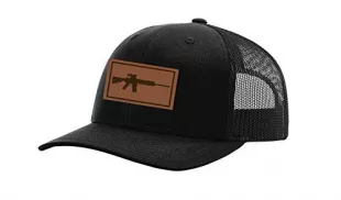 Patriot Pride Men's AR-15 Gun Laser Engraved Leather Patch Mesh Back 2nd Amenment Trucker Hat, Black/Black