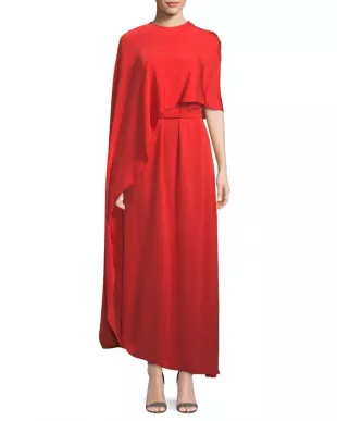 One Side Long Cape Belted Jersey Evening Gown