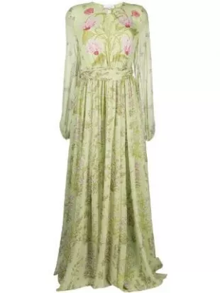 Draped Silk Floral Print Gown