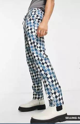Slim Suit Pants with Elasticated Waistband in Turquoise Geo Print