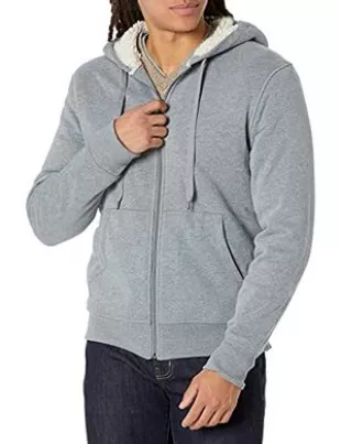 Men's Sherpa-Lined Full-Zip Hooded Fleece Sweatshirt, Light Grey Heather, Large
