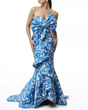 Azulejo Strapless Floral Print Bow Gown