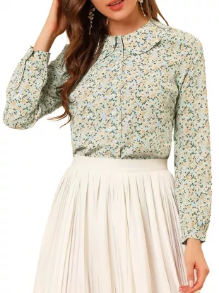 Junior's Casual Peter Pan Collar Floral Chiffon Top Shirt