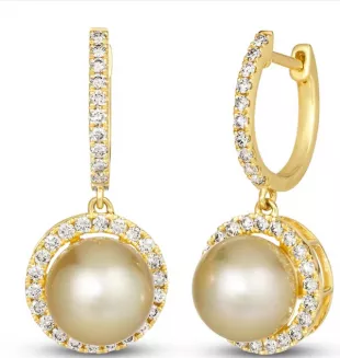 Cultured South Sea Pearl Earrings 7/8 ct tw Diamonds 14K Honey Gold