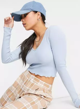 Long Sleeve Lettuce Edge Crop Top in Pale Blue