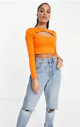 Long Sleeve Crop Top with Front  Cut-Out in Orange