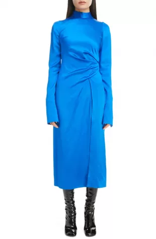 Dalba Long Sleeve Draped Silk Midi Dress