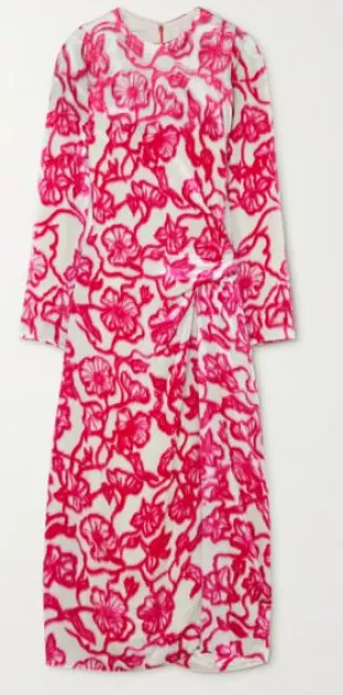 Gathered Floral-print Velvet Midi Dress