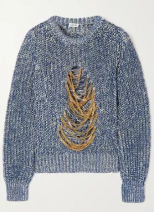 Embellished Distressed Mélange Hemp-blend Sweater