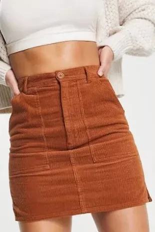 Tall cord patch pocket mini skirt in rust