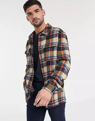 checked overshirt in stone