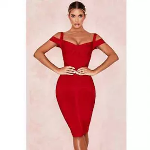 Red Sexy Cold Shoulder “Cherub” Bandage Sweetheart Midi Dress