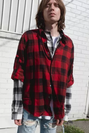 Dual Layer Oversized Check Shirt - RED