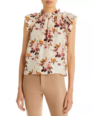 Floral Print Flutter Sleeve Silk Top