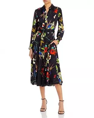 Jason Wu - Pleated Long Sleeve Floral Midi Shirt Dress