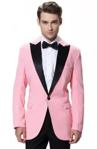 Men's Black Lapel Tuxedos Pink Jacket With Black Pant One Button Elegant Slim Fit Wedding Suit