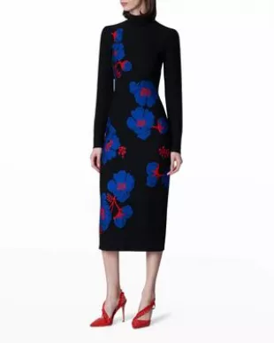 Floral Jacquard Mock-Neck Midi Dress