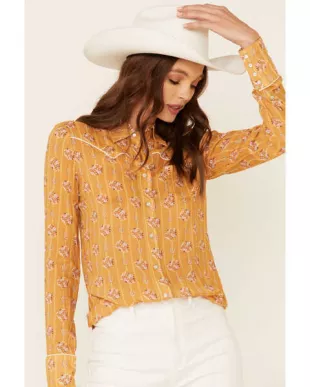 Mustard Horseshoe Wallpaper Print Long Sleeve Snap Western Shirt