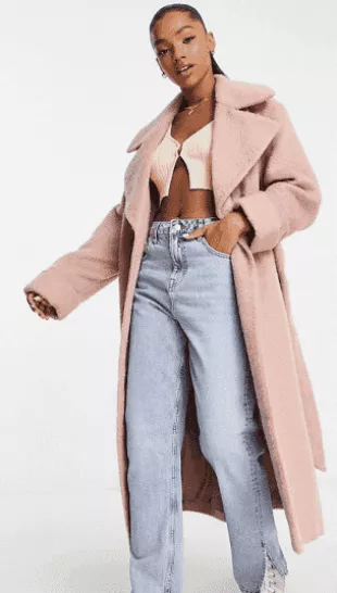 Manteau ceinturé effet brossé - Rose